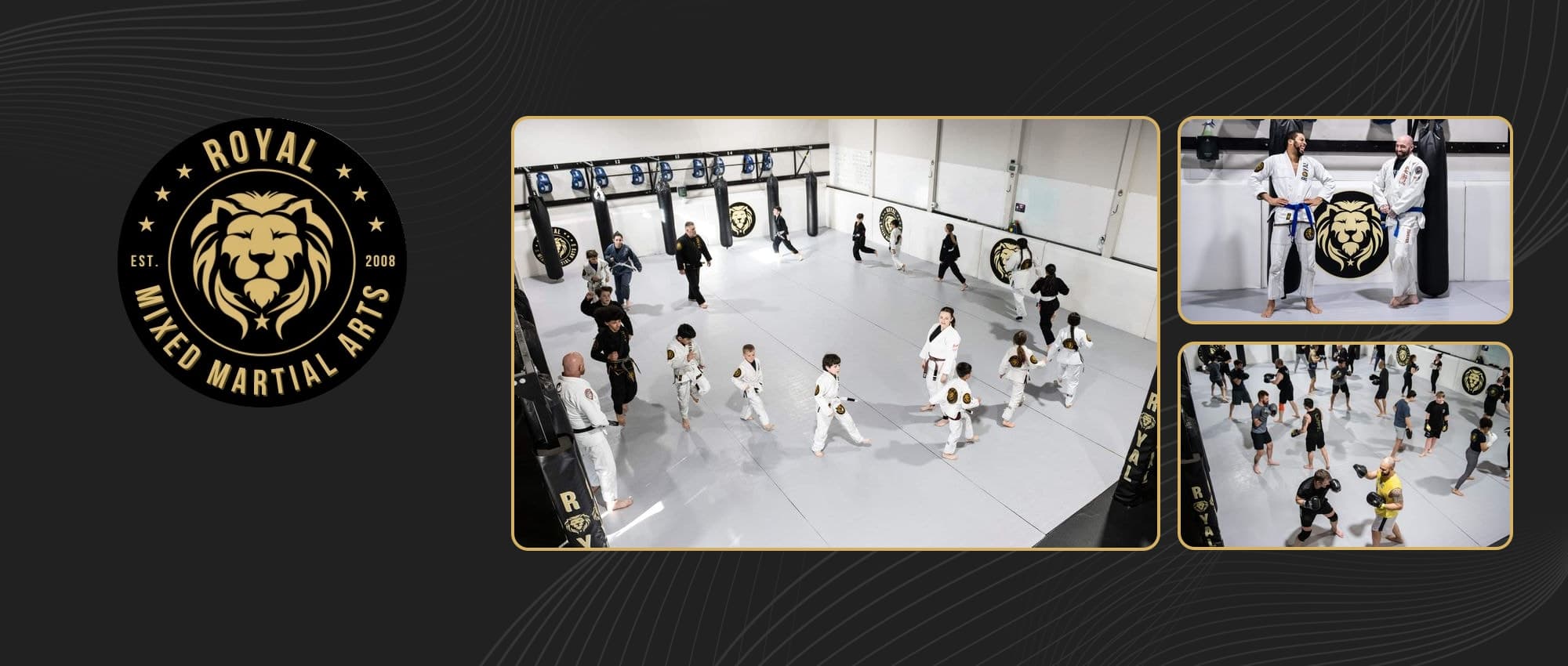 Royal Mixed Martial Arts badge on a dark background beside photos of a kids BJJ class, two BJJ coaches at the academy's lion wall and a boxing class